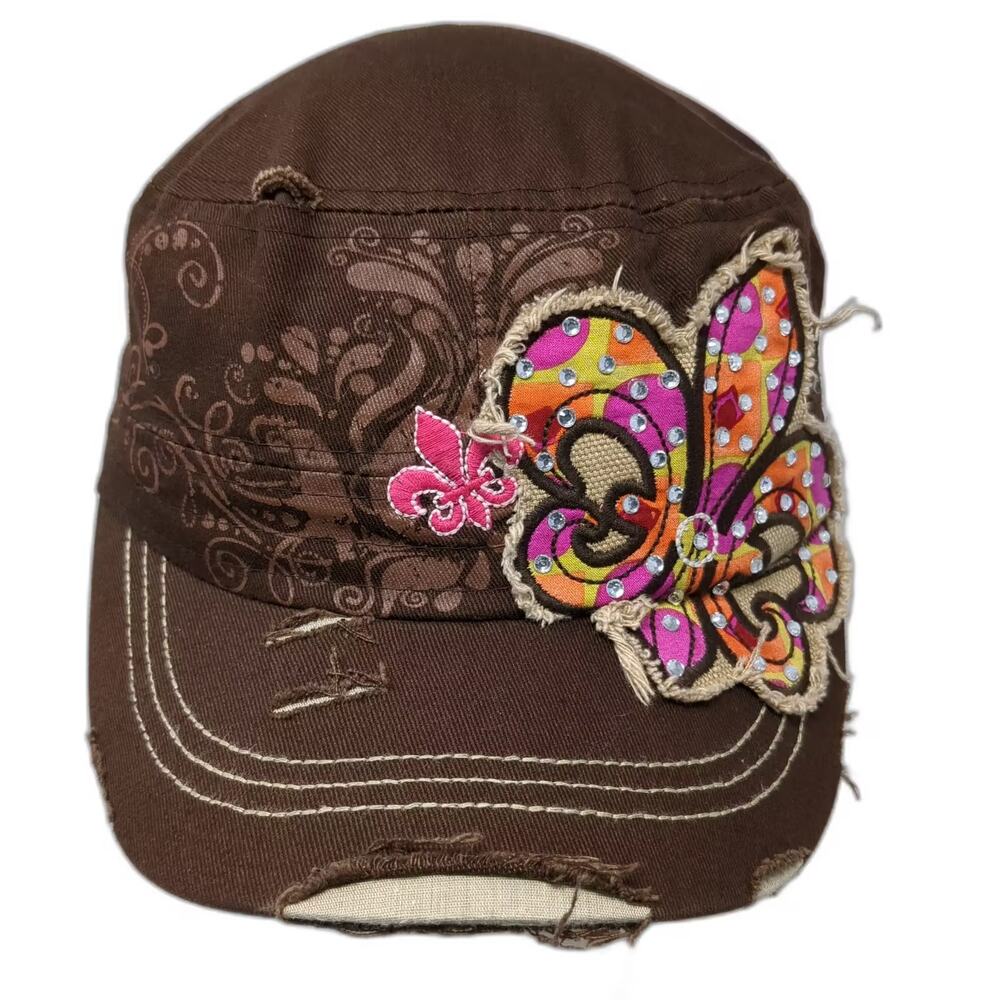Leader Army Cap Brown Pink OS Distressed Rhinestone Slideback Cotton Hat Fleur